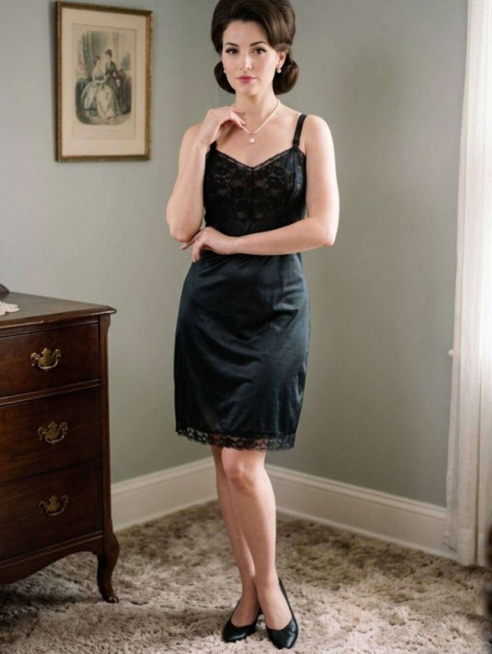 Vintage 60's Sliperfection Black Nylon Lace Trim Half Slip Retro Lingerie 34